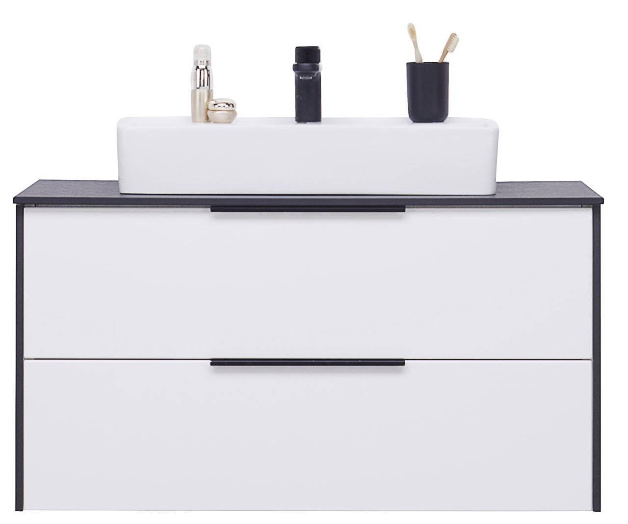 Voleo Waschtisch-Set STELLA Frontale Ansicht eines modernen Waschtisch-Sets mit weißem Waschbecken, zwei Schubladen und schwarzen Akzenten.
