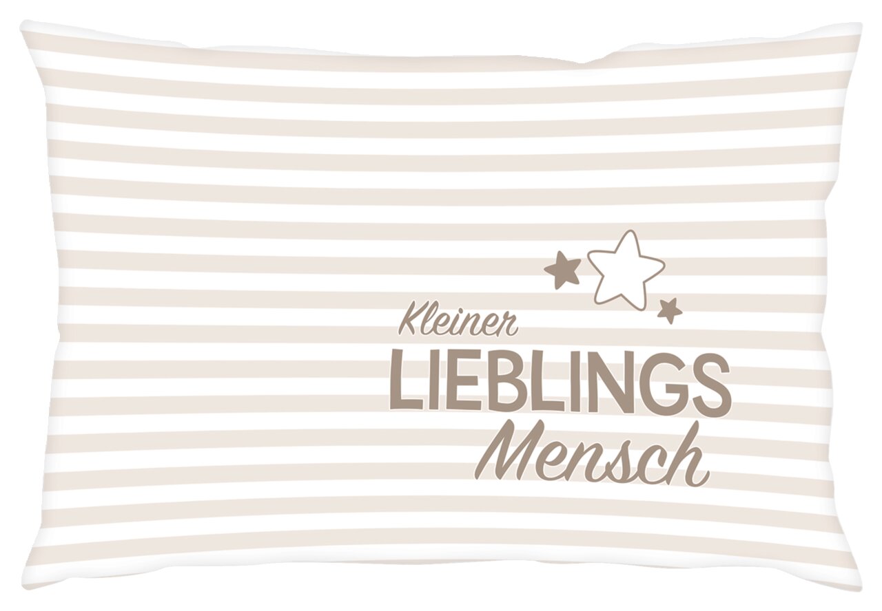 Kissenbezug mit beige-weißen Streifen und der Aufschrift 'Kleiner Lieblingsmensch' sowie Sternmotiven, frontal abgebildet.