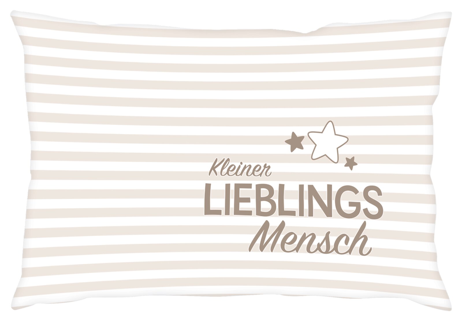 Kussensloop met beige-witte strepen en het opschrift 'Kleiner Lieblingsmensch' en sterrenmotieven, hier afgebeeld op de voorkant.