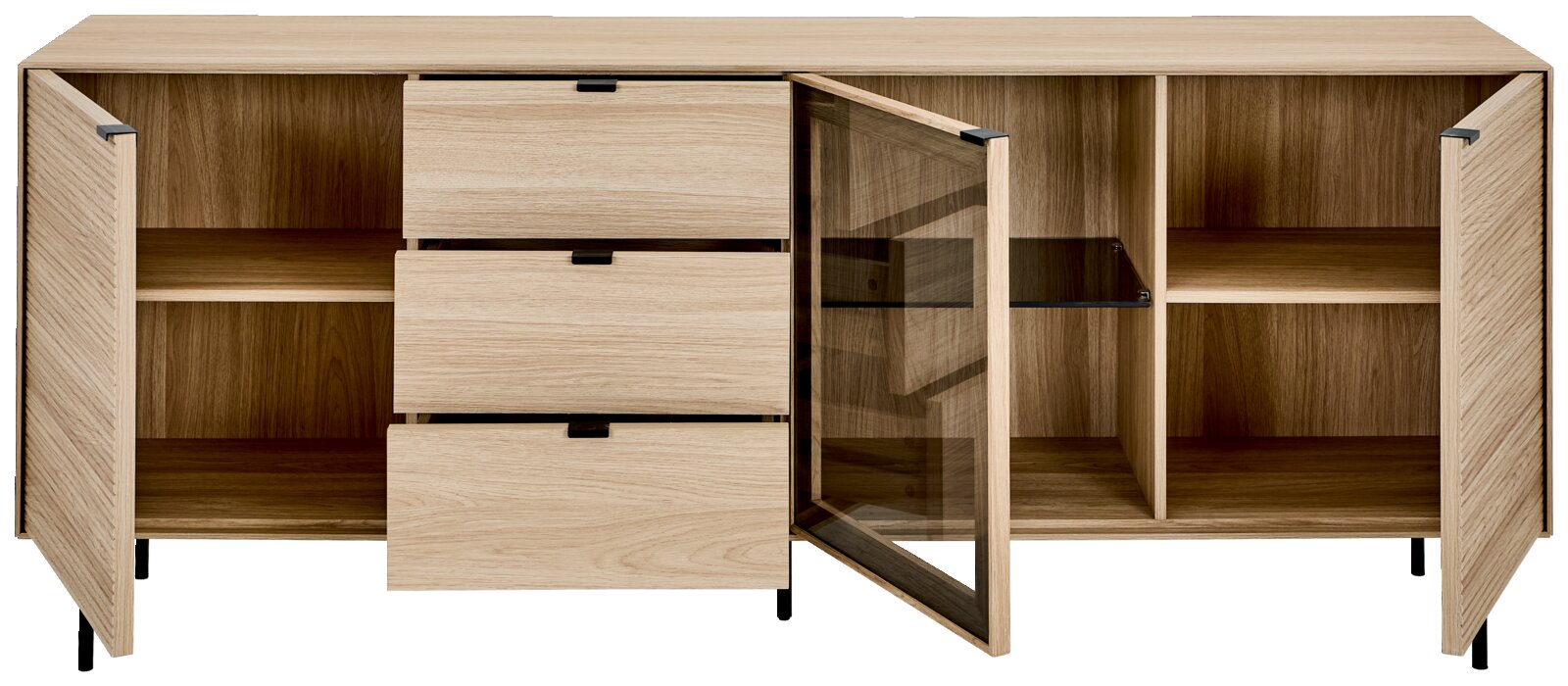 Moderne Holz-Kommode/Sideboard in heller Eichenoptik mit drei Schubladen, offenen Regalfächern und Glastür, Türen geöffnet; frontale Ansicht.