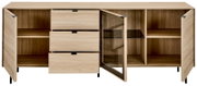 Moderne Holz-Kommode/Sideboard in heller Eichenoptik mit drei Schubladen, offenen Regalfächern und Glastür, Türen geöffnet; frontale Ansicht.