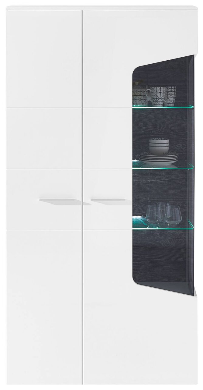 Weiße, zweitürige Vitrine mit Glaseinsatz und beleuchteten Glasböden, frontal abgebildet.