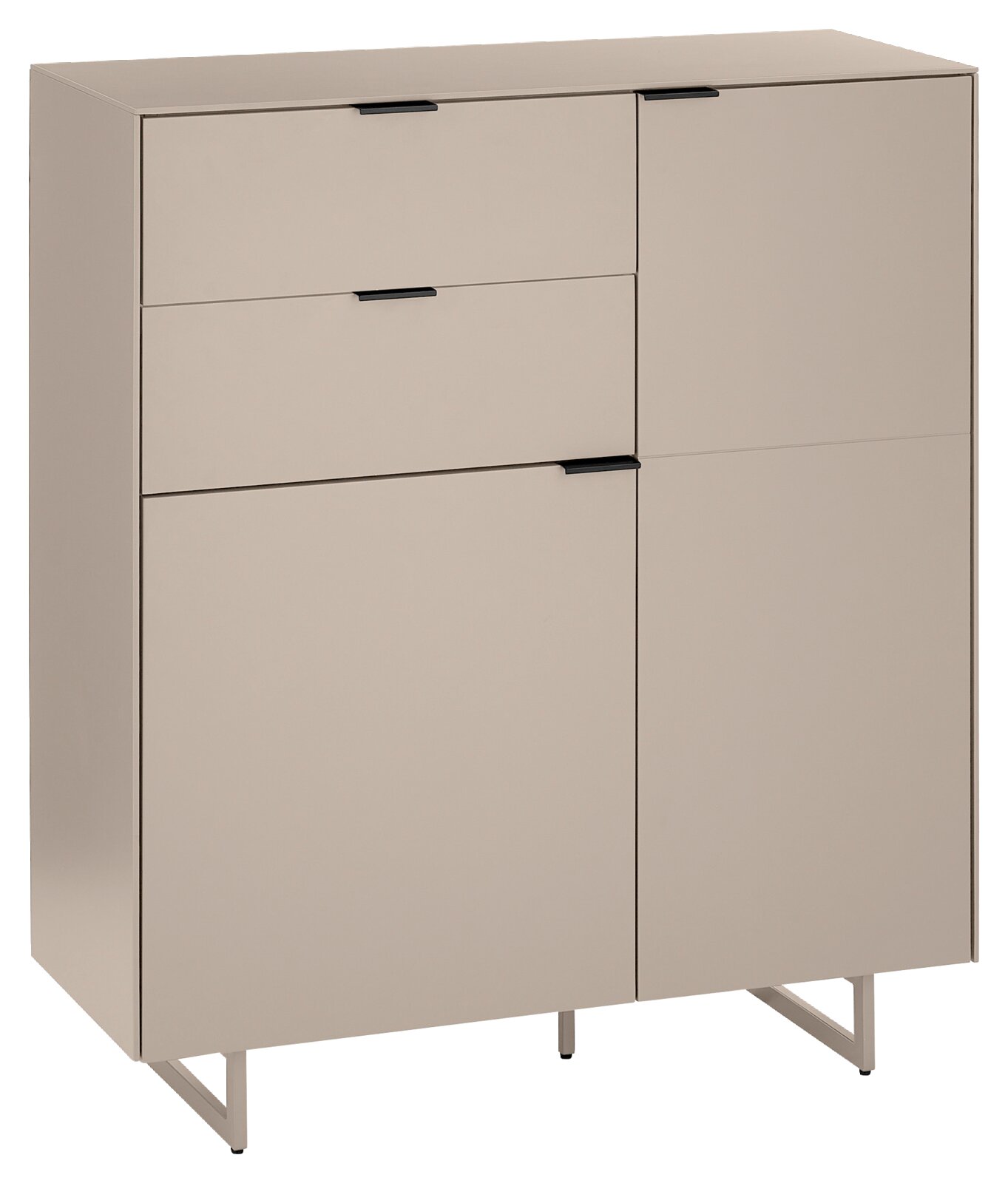 Voleo Schuhschrank ROSSO Modernes Sideboard in Beige mit asymmetrischen Türen/Fronten und schwarzen Griffleisten auf Metallfüßen, freigestellt auf weißem Hintergrund, Ansicht schräg von vorne (3/4-Perspektive)