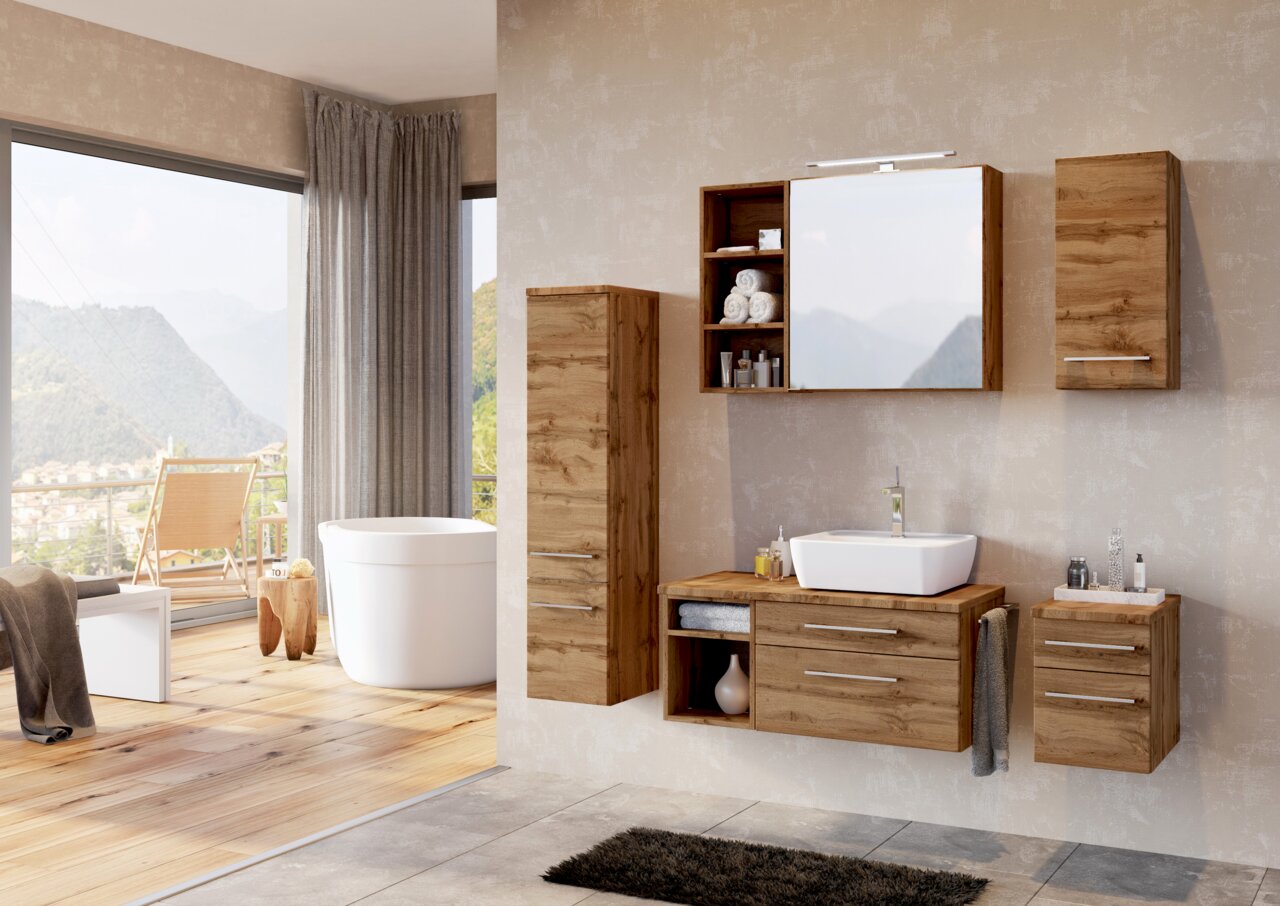 Moderner Waschtischunterschrank aus Holz in einem stilvollen Badezimmer, seitliche Perspektive