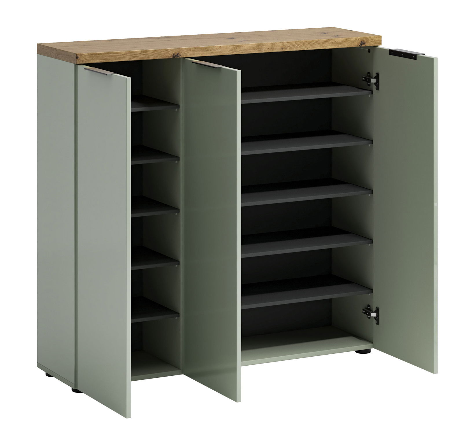 XL-Schuhschrank mit geöffneter Frontansicht, zeigt mehrere Regalböden und eine Holzoberfläche.