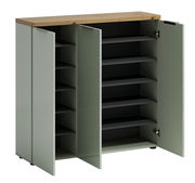 XL-Schuhschrank mit geöffneter Frontansicht, zeigt mehrere Regalböden und eine Holzoberfläche.