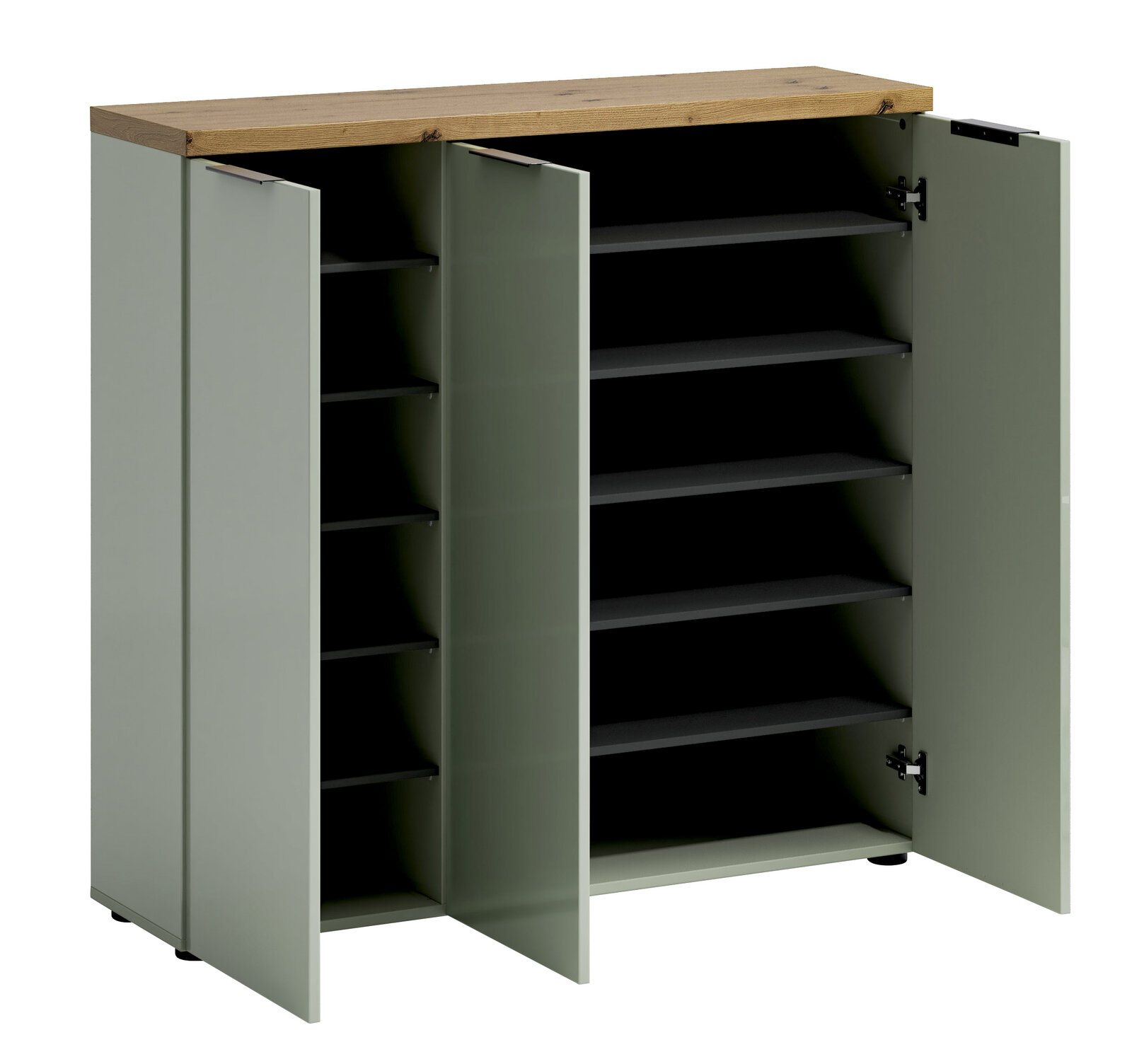 XL-Schuhschrank mit geöffneter Frontansicht, zeigt mehrere Regalböden und eine Holzoberfläche.