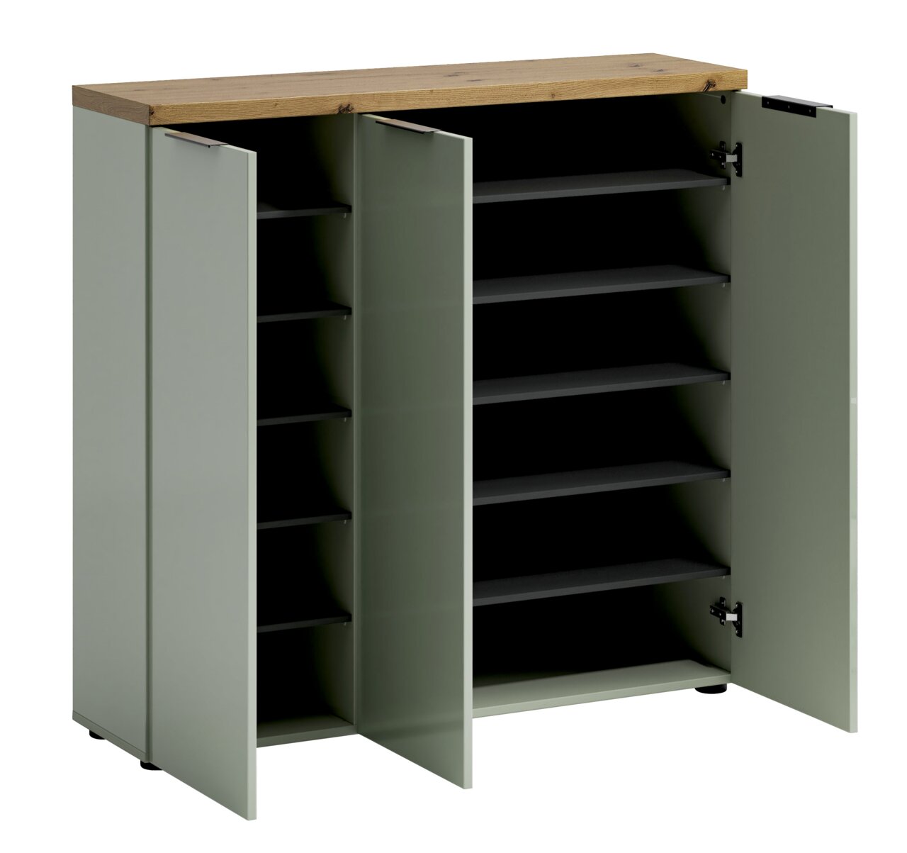 XL-Schuhschrank mit geöffneter Frontansicht, zeigt mehrere Regalböden und eine Holzoberfläche.