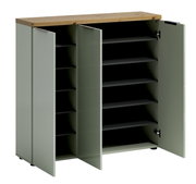 XL-Schuhschrank mit geöffneter Frontansicht, zeigt mehrere Regalböden und eine Holzoberfläche.