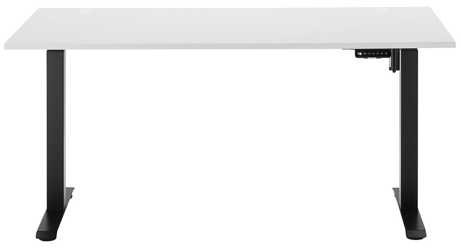 Moderner E-Schreibtisch mit weißer Tischplatte und schwarzen Beinen, frontal abgebildet.