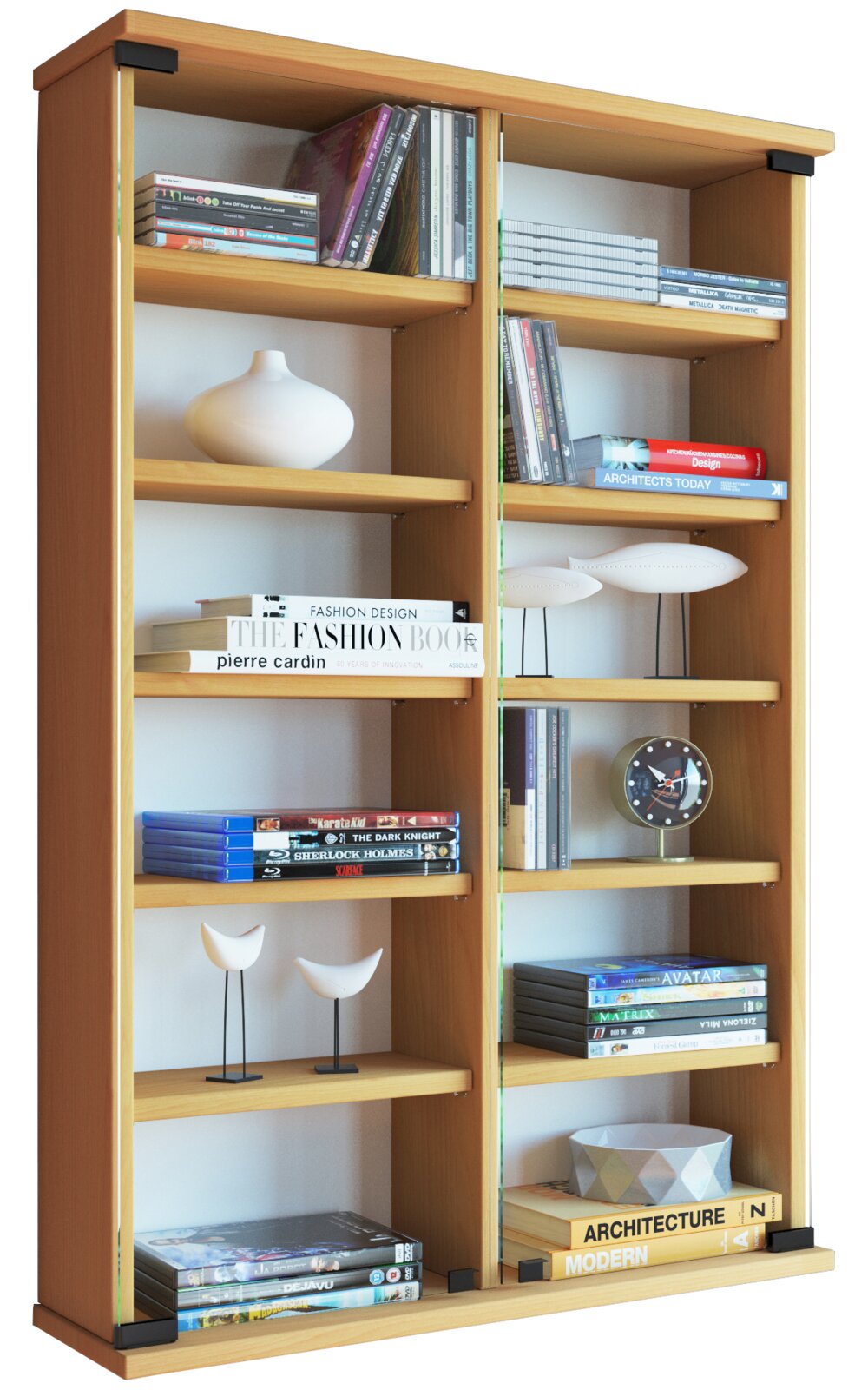 Modernes Holz-Bücherregal mit zwei Glas-Schiebetüren und mehreren Einlegeböden, gefüllt mit Büchern und Deko, frontale Ansicht mit leichter Perspektive von links oben