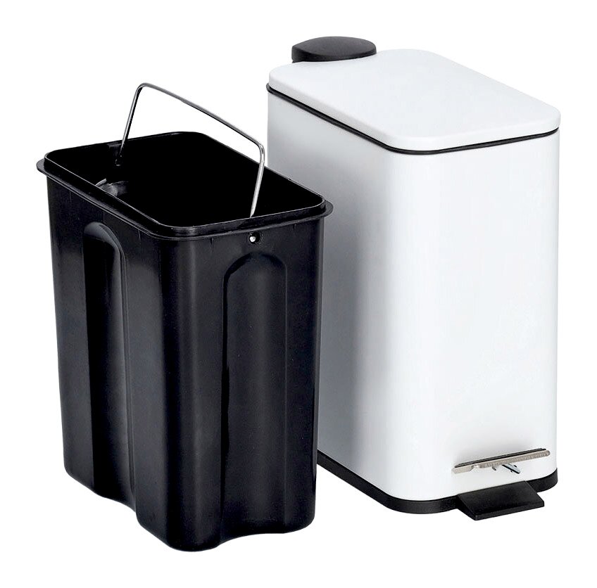 Treteimer 5 Liter Soft Close in Weiß mit herausnehmbarem schwarzen Inneneimer, seitliche Perspektive