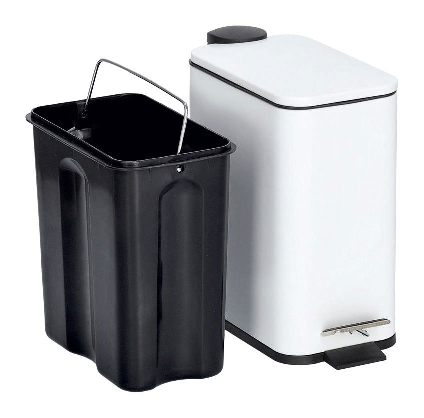 Treteimer 5 Liter Soft Close in Weiß mit herausnehmbarem schwarzen Inneneimer, seitliche Perspektive