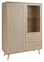 Hochschrank aus Holz mit einer Tür und zwei Schubladen, seitliche Perspektive