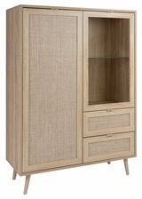 Hochschrank aus Holz mit einer Tür und zwei Schubladen, seitliche Perspektive