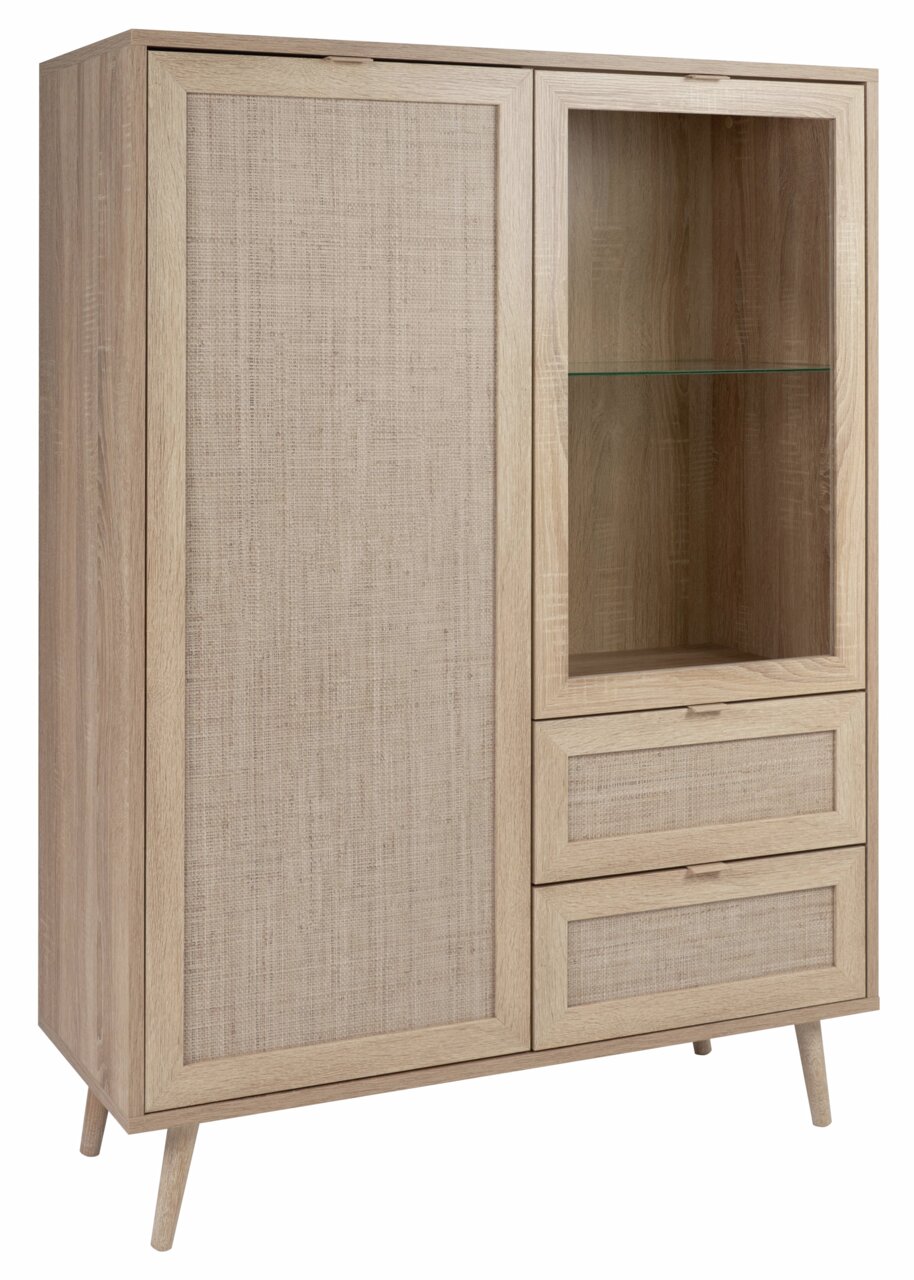 Hochschrank aus Holz mit einer Tür und zwei Schubladen, seitliche Perspektive