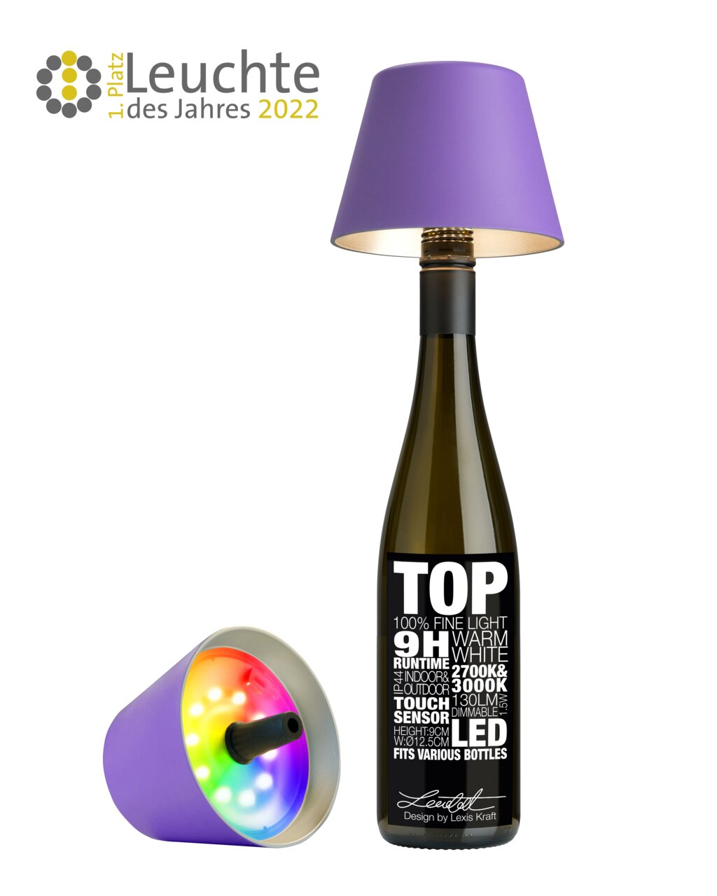 Akku Tischleuchte TOP 2.0 mit lila Schirm, auf einer Flasche montiert, Perspektive von vorne und seitlich.