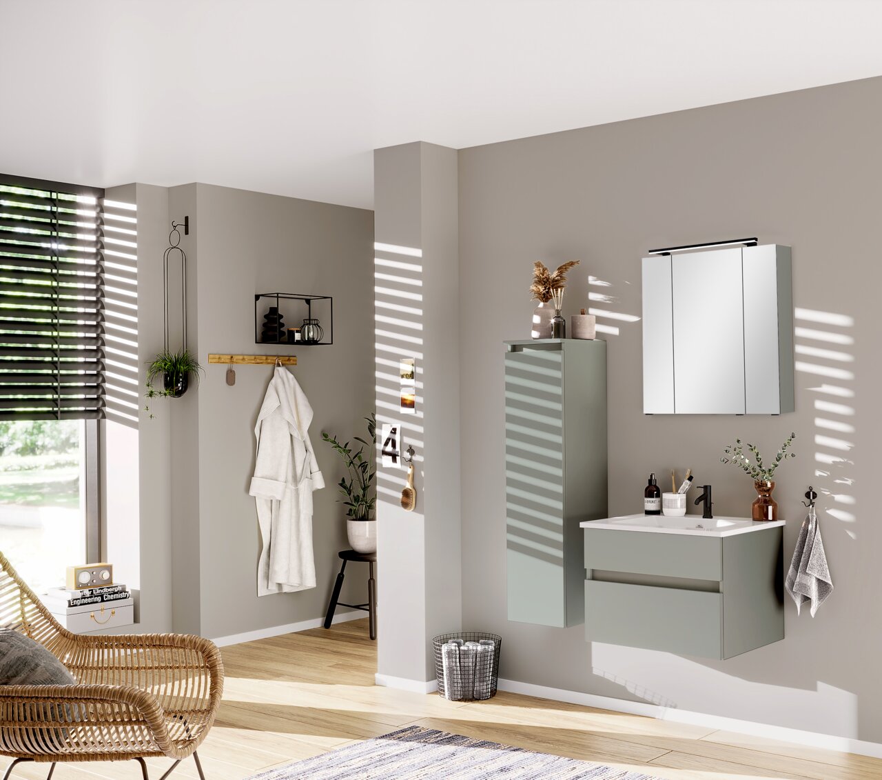 Moderner Badezimmer-Mittelschrank in einem stilvollen, hellen Raum, seitliche Perspektive