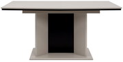 Moderne eettafel met rechthoekig tafelblad en centrale poot, vooraanzicht