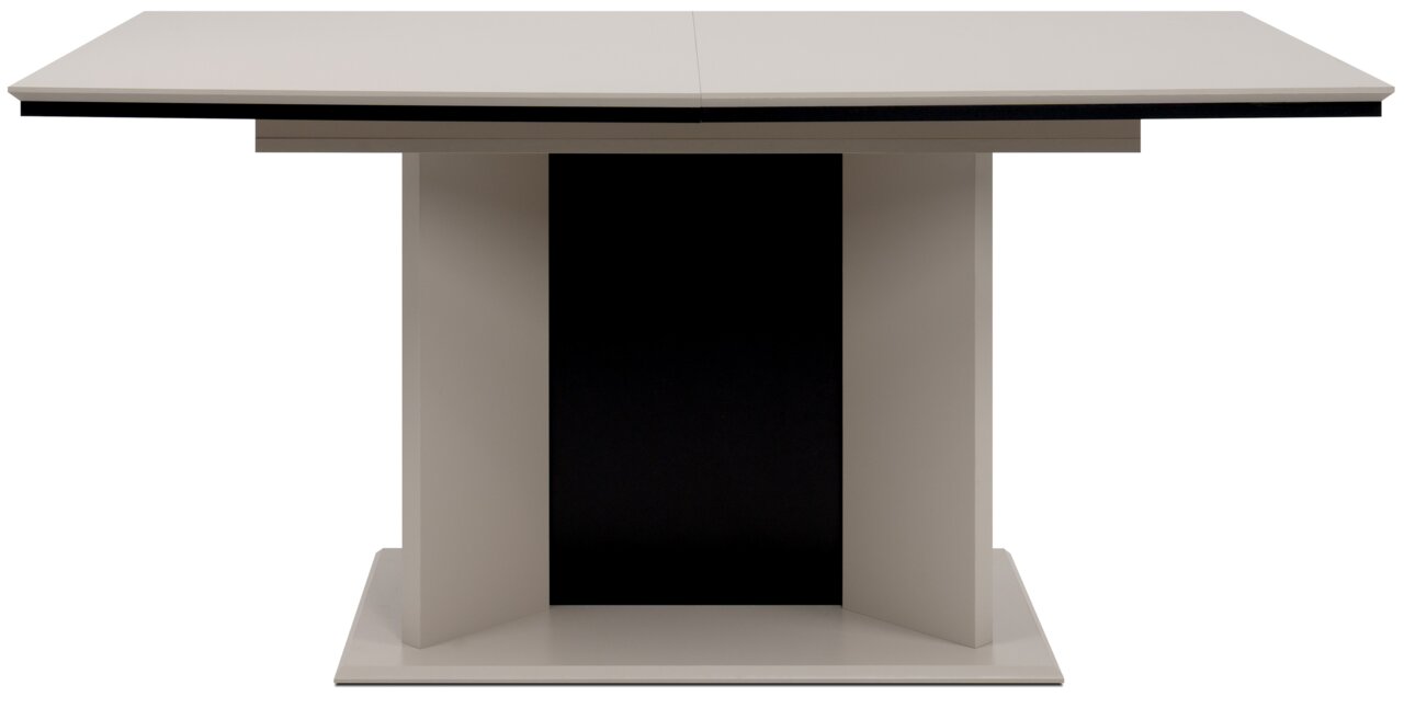 Moderne eettafel met rechthoekig tafelblad en centrale poot, vooraanzicht