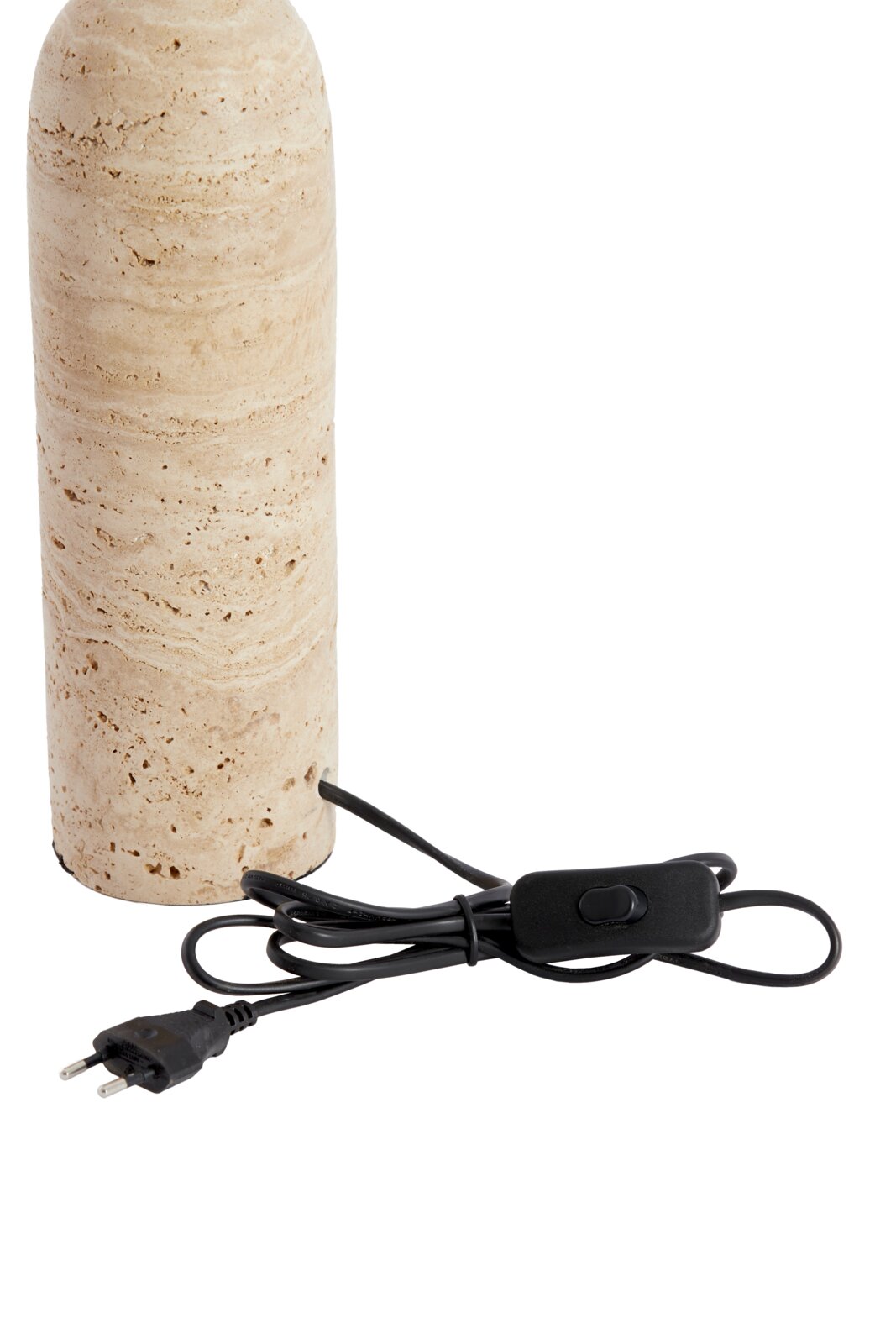 Zylindrischer Lampenfuß aus hellem Naturstein mit schwarzem Kabel und Schalter, seitliche Perspektive