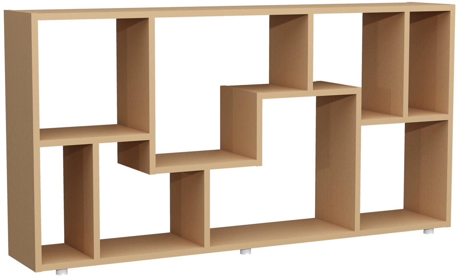 Modernes, asymmetrisches Holzregal mit offenen Fächern in heller Holzoptik, freistehend auf kleinen Füßen, Ansicht schräg von vorn vor weißem Hintergrund