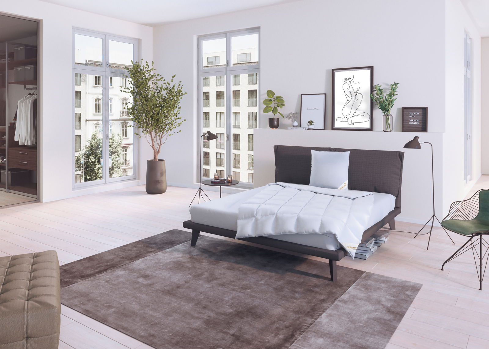 Spessarttraum 3-Kammerkissen 80x80cm CLASSIC Modernes Schlafzimmer mit einem stilvollen Bett, das mit einem weißen Spessarttraum Ganzjahresbett CLASSIC und einem 3-Kammerkissen dekoriert ist. Die Perspektive zeigt das Bett von der Seite in einem hellen, eleganten Raum mit großen Fenstern und minimal