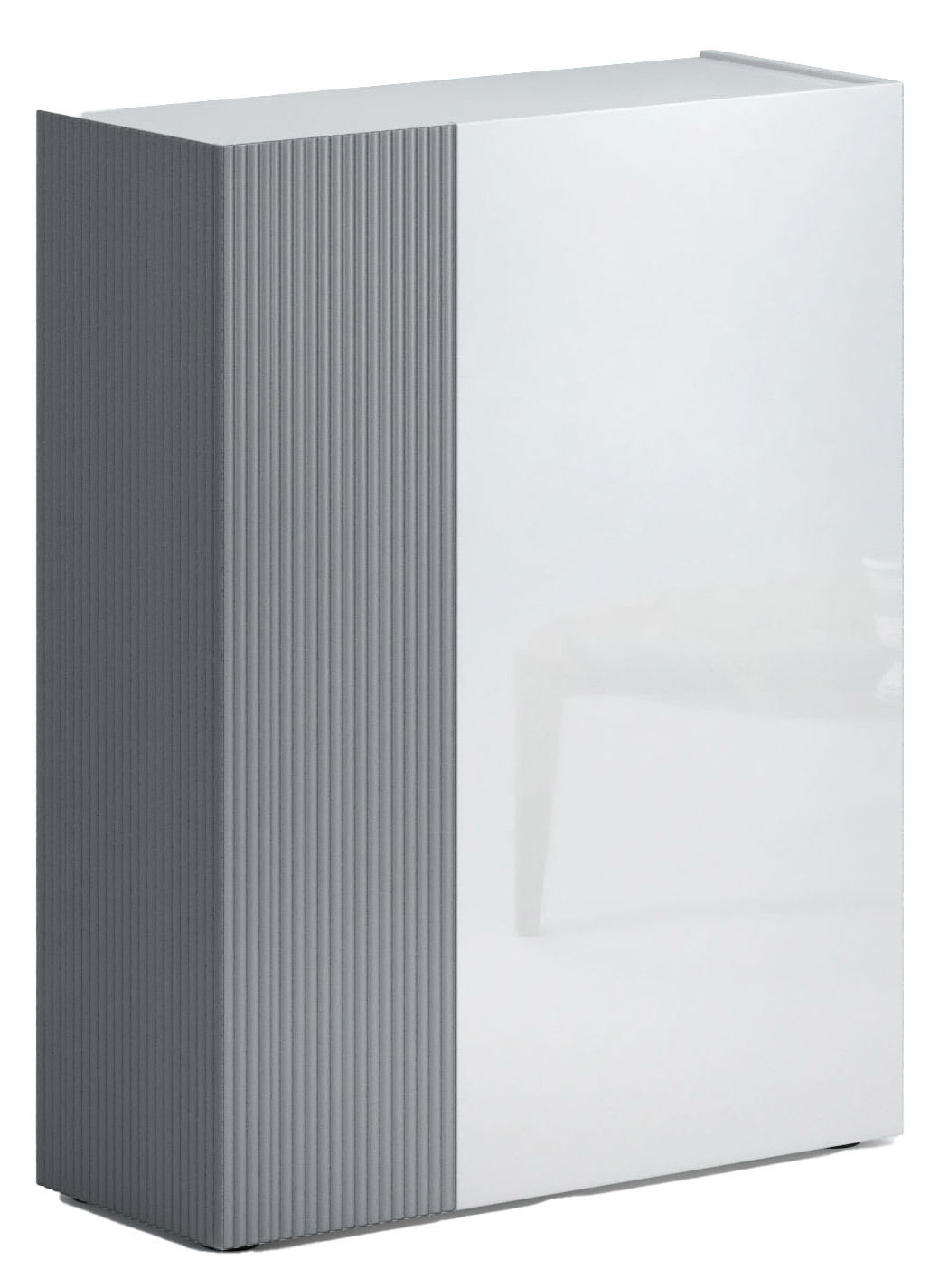 Moderner Schuhschrank Voleo TANKO in seitlicher Perspektive mit geriffelter grauer Front und glatter weißer Tür.