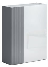 Moderner Schuhschrank Voleo TANKO in seitlicher Perspektive mit geriffelter grauer Front und glatter weißer Tür.