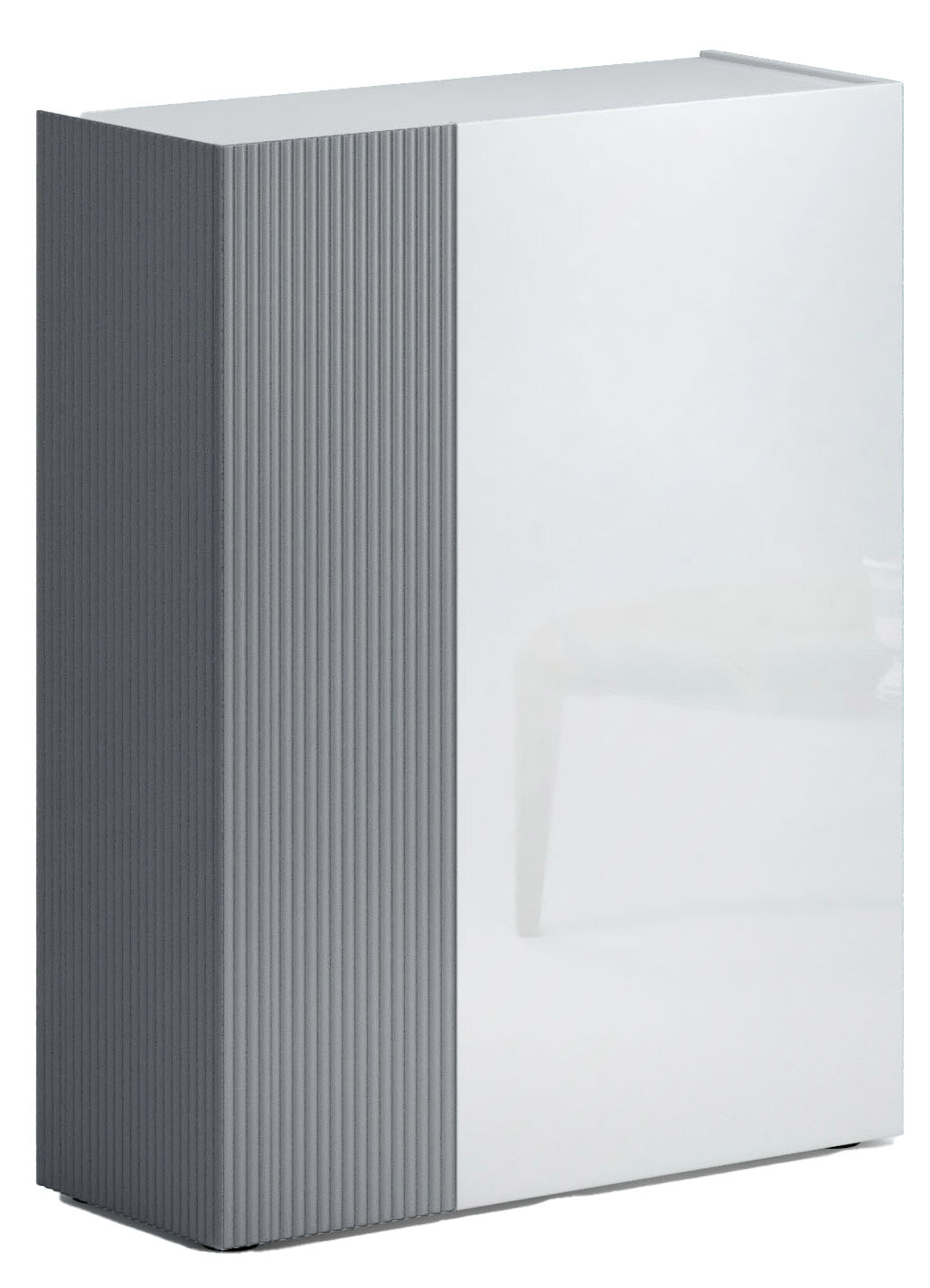 Moderner Schuhschrank Voleo TANKO in seitlicher Perspektive mit geriffelter grauer Front und glatter weißer Tür.