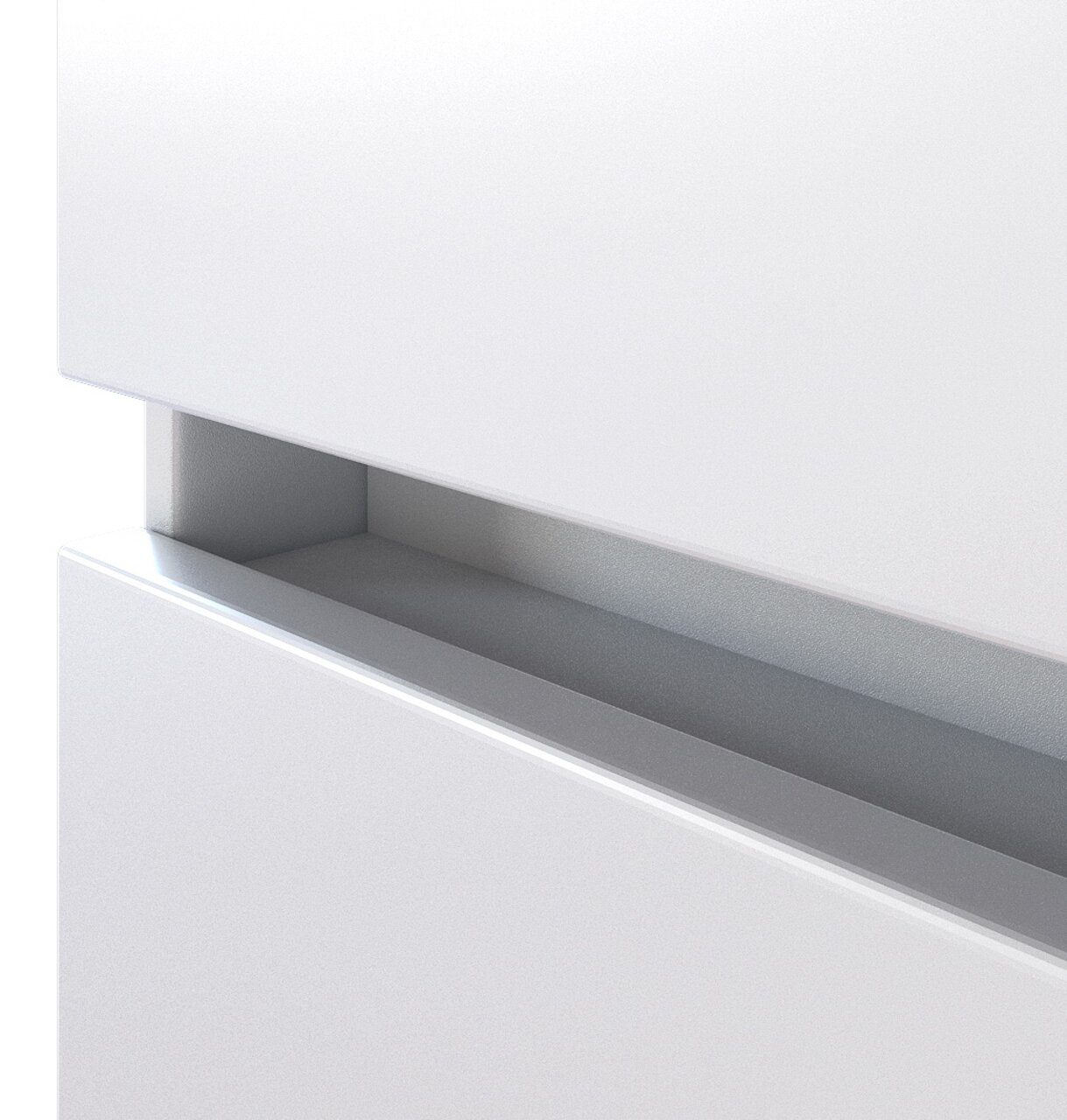 Nahaufnahme eines modernen, weißen Waschtisch-Sets mit minimalistischem Design und glatten Oberflächen.