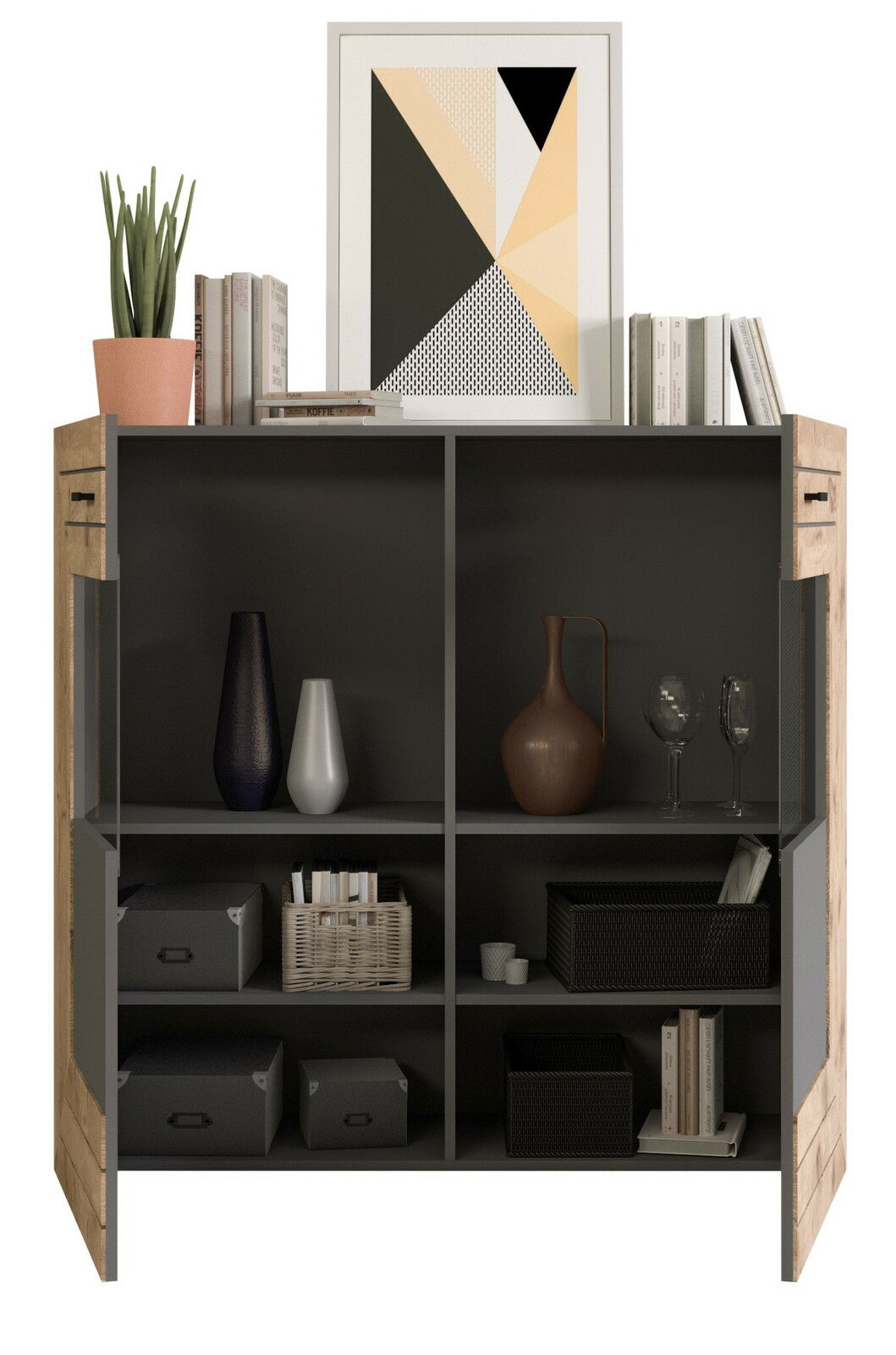 Highboard mit offenen Regalfächern, dekoriert mit Vasen, Büchern und einem Bild, aus frontaler Perspektive.