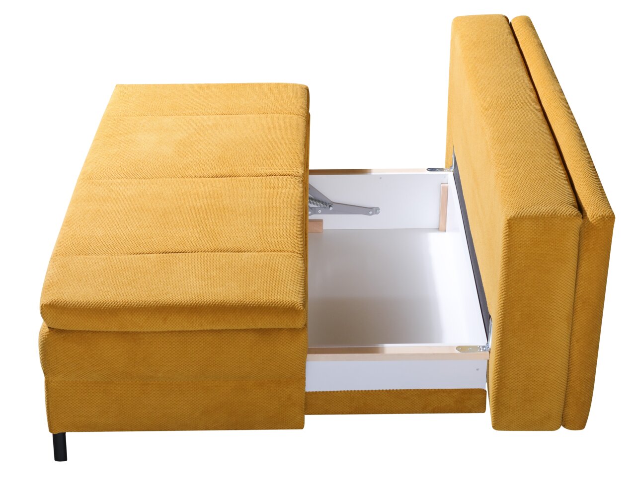 Gelbes Querschläfer-Sofa mit geöffneter Stauraumfunktion, seitliche Perspektive