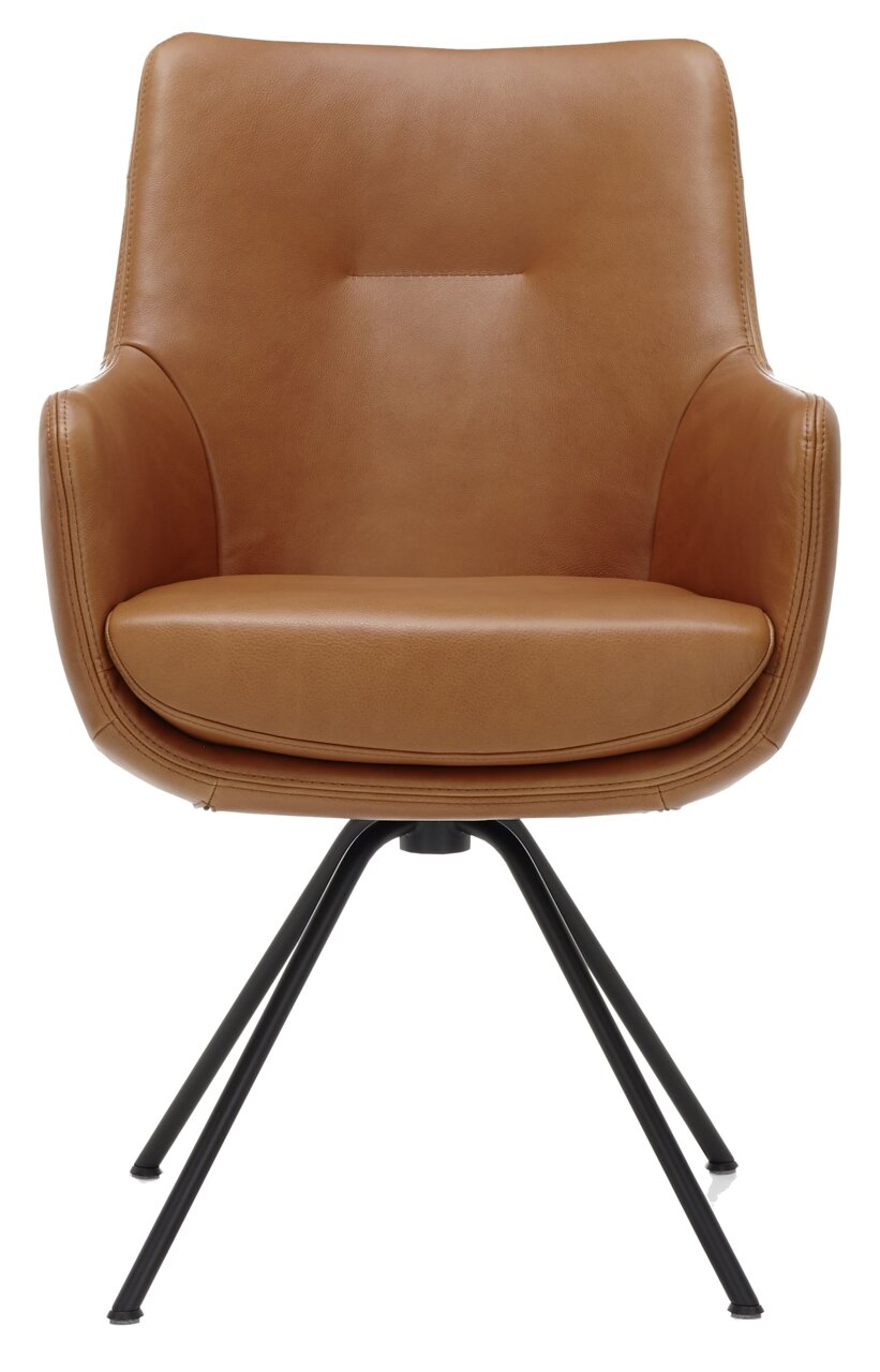 Moderne bruine fauteuil met metalen poten, vooraanzicht