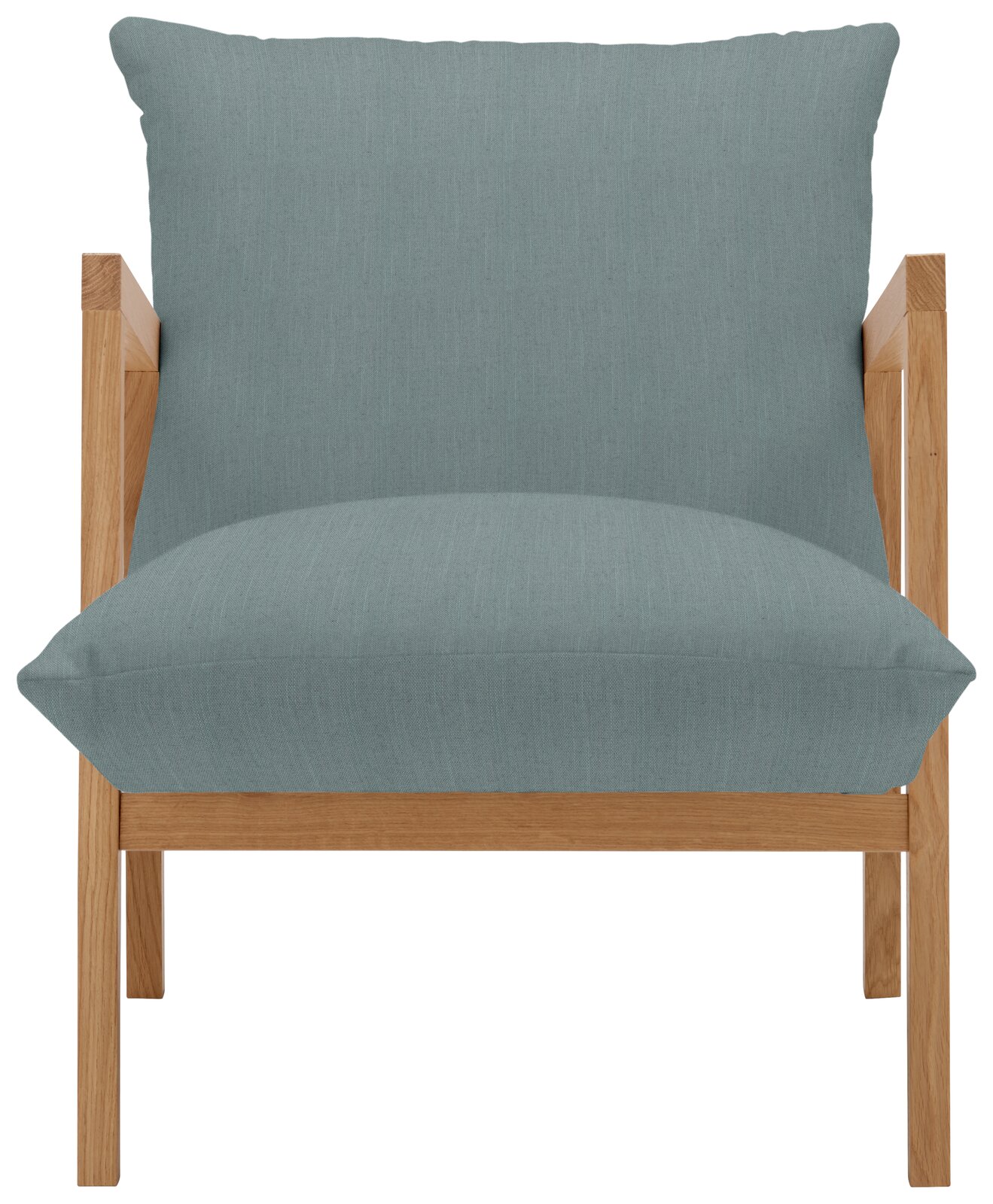 Moderner Sessel mit hellblauem Polster und Holzrahmen, Frontalansicht