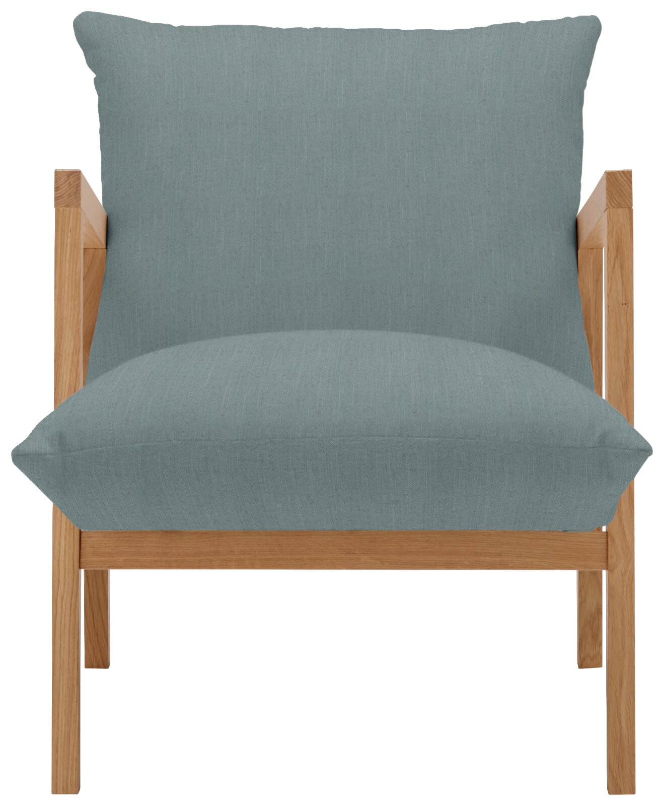 Moderne fauteuil met lichtblauwe bekleding en houten frame, vooraanzicht