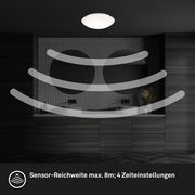 LED-Deckenleuchte mit Bewegungssensor, installiert an der Decke eines modernen Badezimmers, seitliche Perspektive