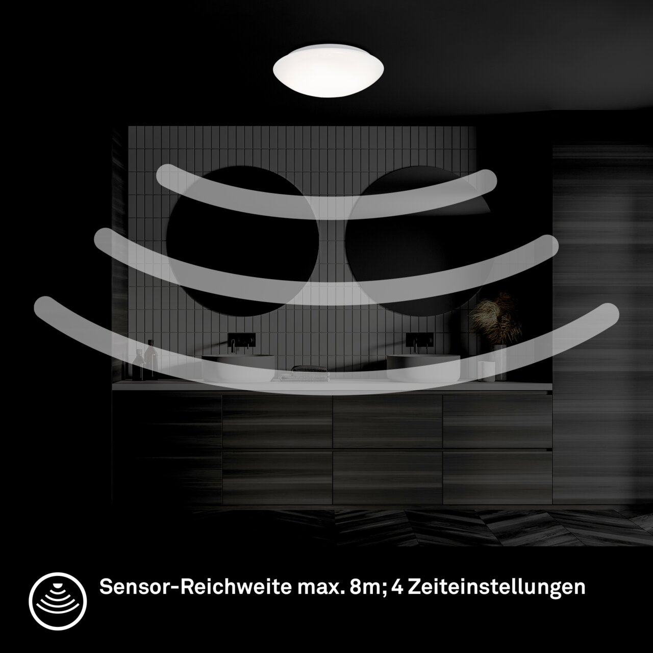 LED-Deckenleuchte mit Bewegungssensor, installiert an der Decke eines modernen Badezimmers, seitliche Perspektive