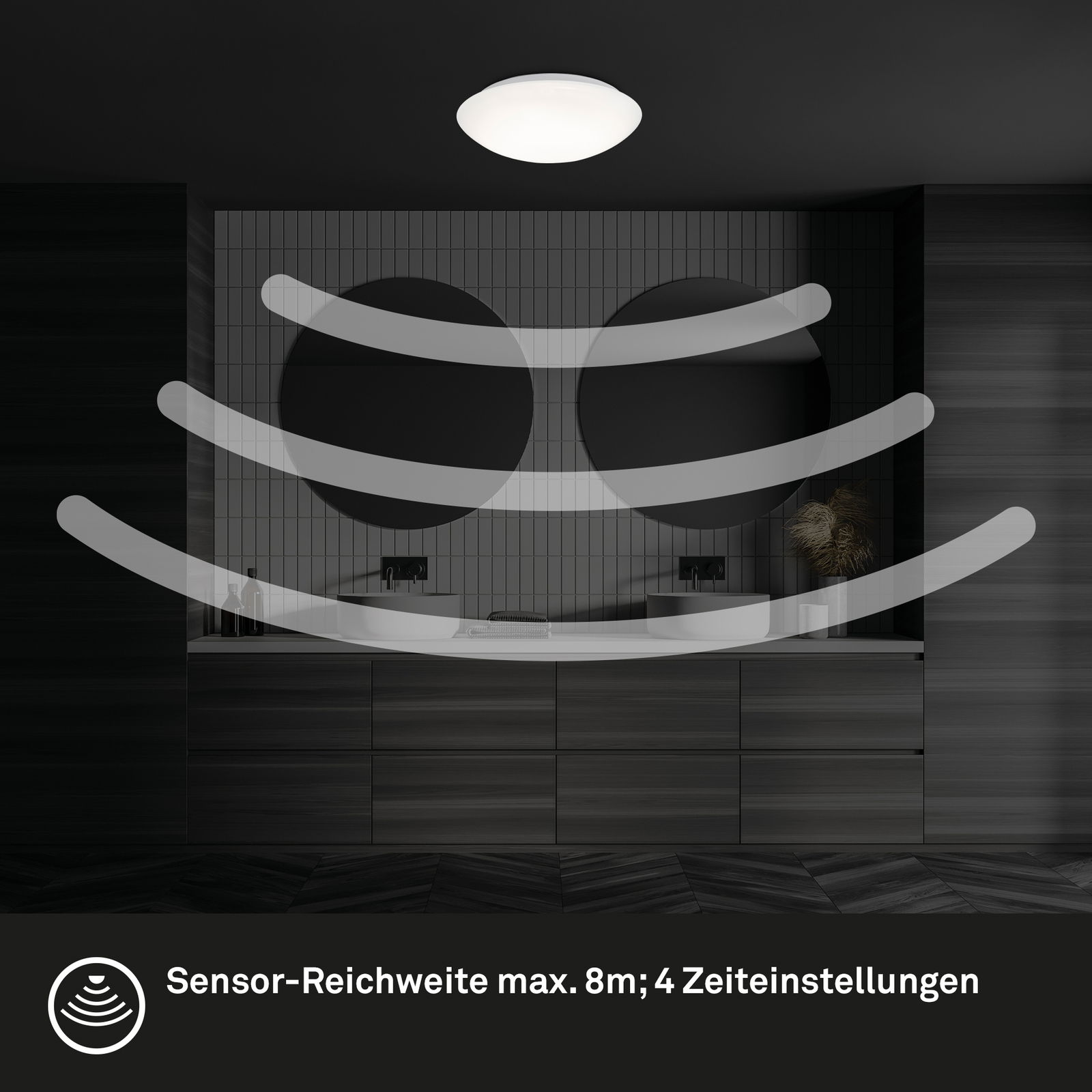 LED-Deckenleuchte mit Bewegungssensor, installiert an der Decke eines modernen Badezimmers, seitliche Perspektive