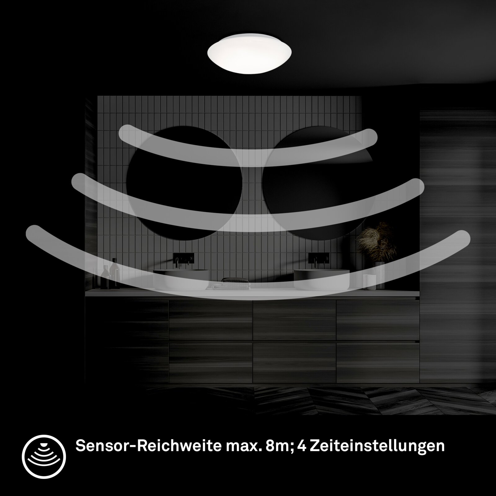 LED-plafondlamp met bewegingssensor, gemonteerd aan het plafond van een moderne badkamer, zijaanzicht
