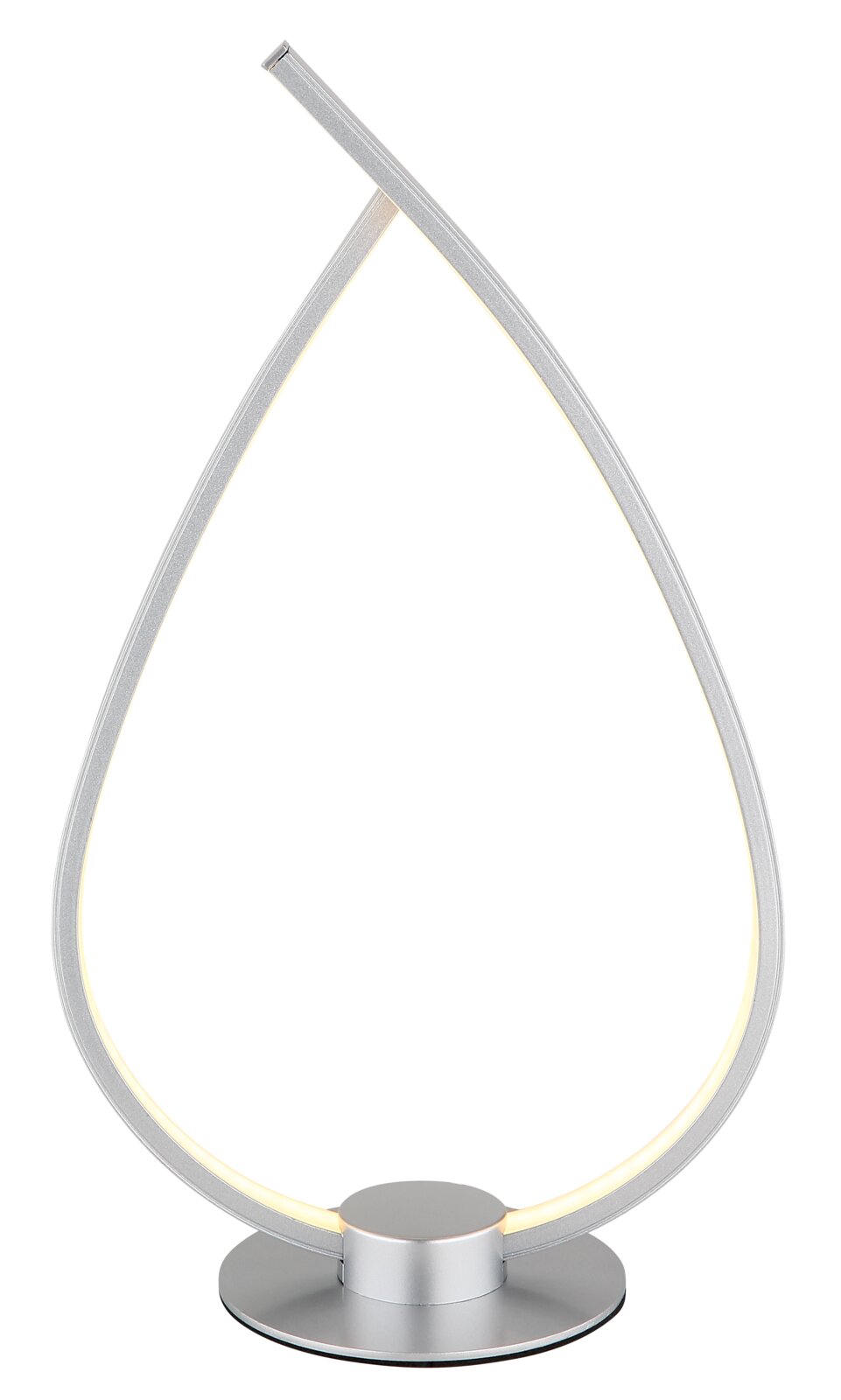 Moderne LED-Tischleuchte in tropfenförmigem Design aus silbernem Metall mit warmweißem Lichtband, freigestellt auf weißem Hintergrund, Frontansicht
