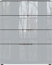 Moderne Schubkastenkommode mit vier Schubladen, glänzende Oberfläche, Frontansicht