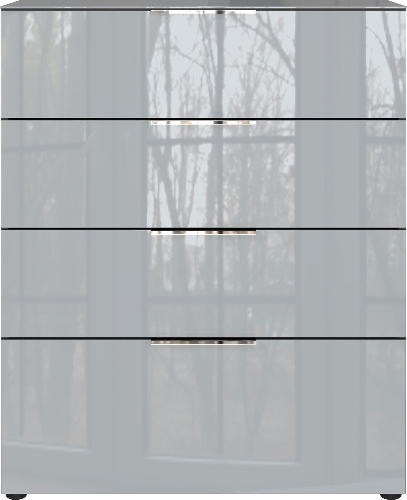 Moderne Schubkastenkommode mit vier Schubladen, glänzende Oberfläche, Frontansicht