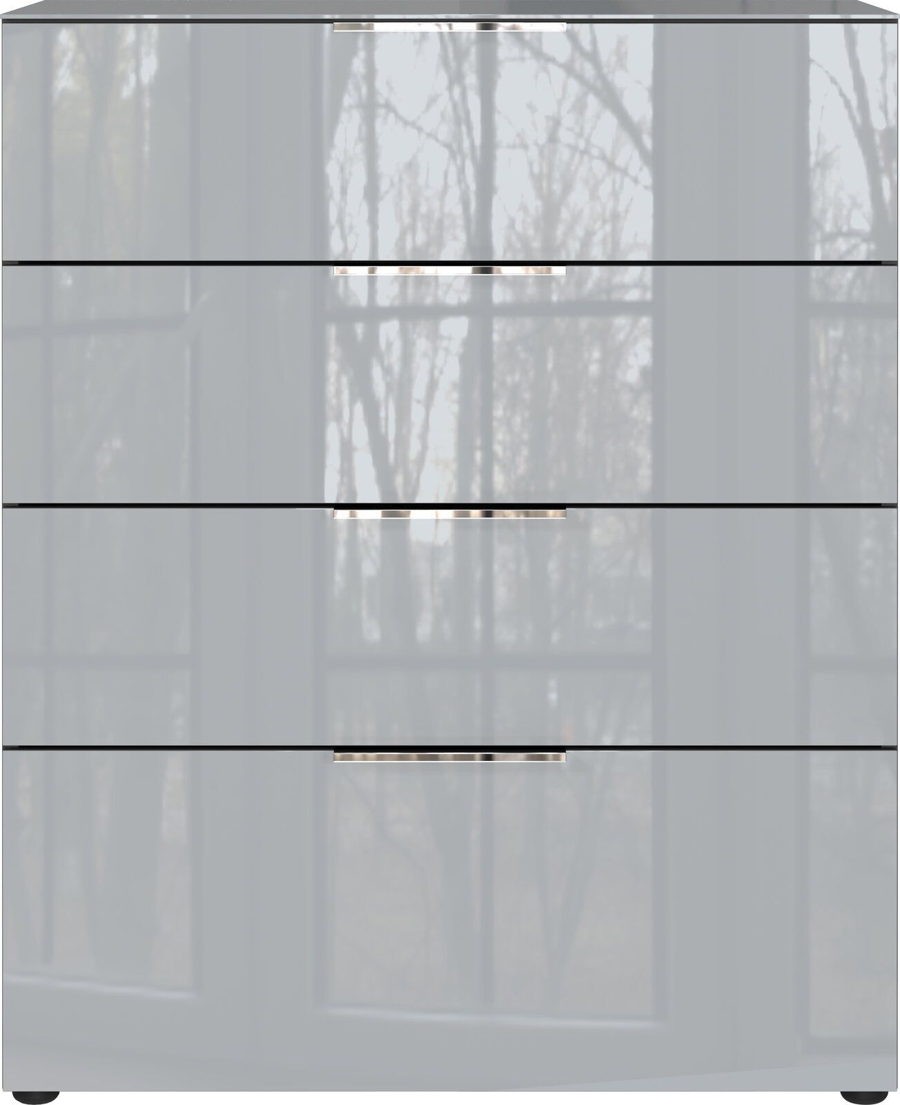 Moderne Schubkastenkommode mit vier Schubladen, glänzende Oberfläche, Frontansicht