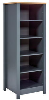 Standregal mit fünf offenen Fächern, graue Seiten und Rückwand, Holzoberfläche, seitliche Perspektive