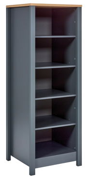 Standregal mit fünf offenen Fächern, graue Seiten und Rückwand, Holzoberfläche, seitliche Perspektive