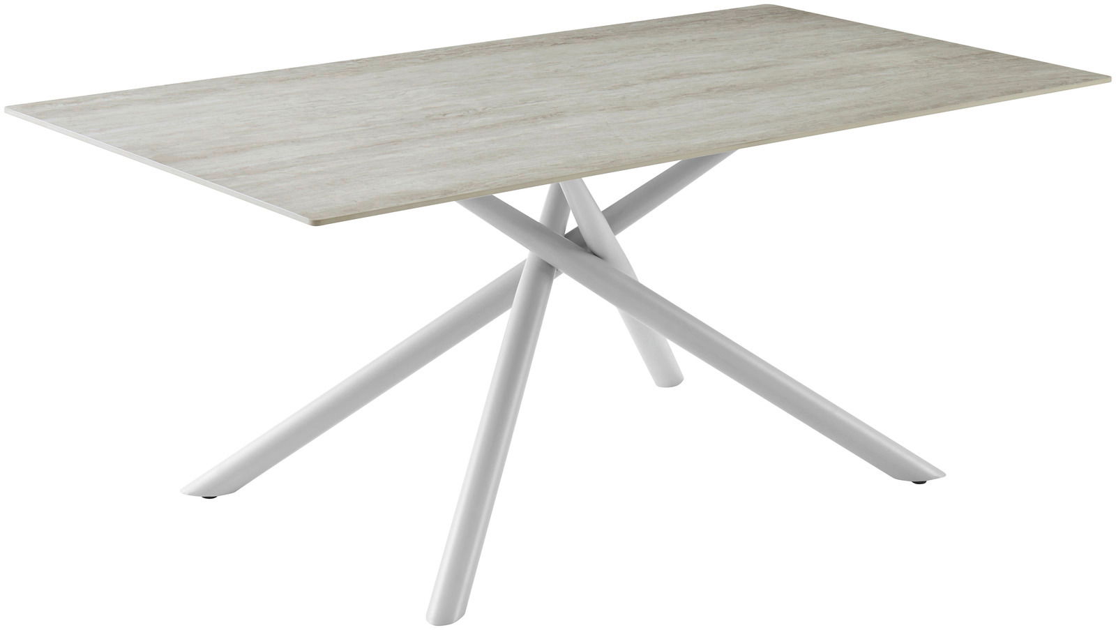 Z2 Esstisch RÜDIGER Moderner Esstisch mit heller Holzplatte und weißen, überkreuzten Beinen, seitliche Perspektive