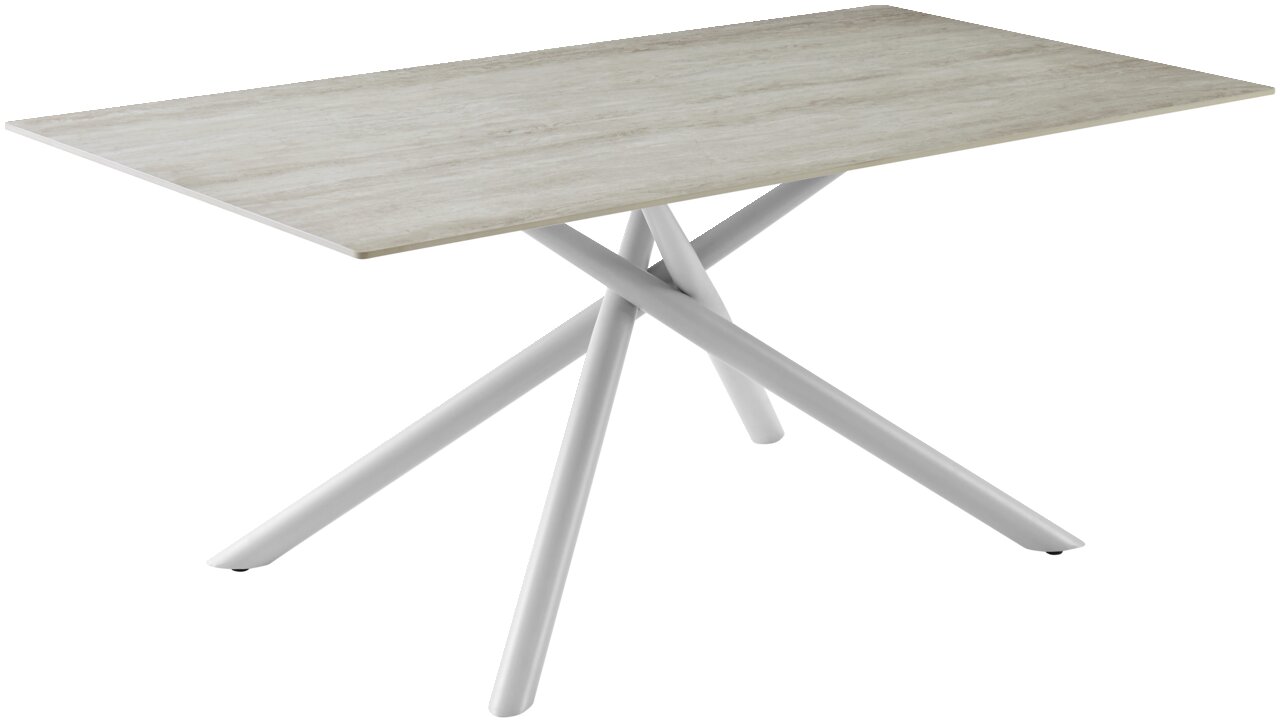 Z2 Esstisch RÜDIGER Moderner Esstisch mit heller Holzplatte und weißen, überkreuzten Beinen, seitliche Perspektive