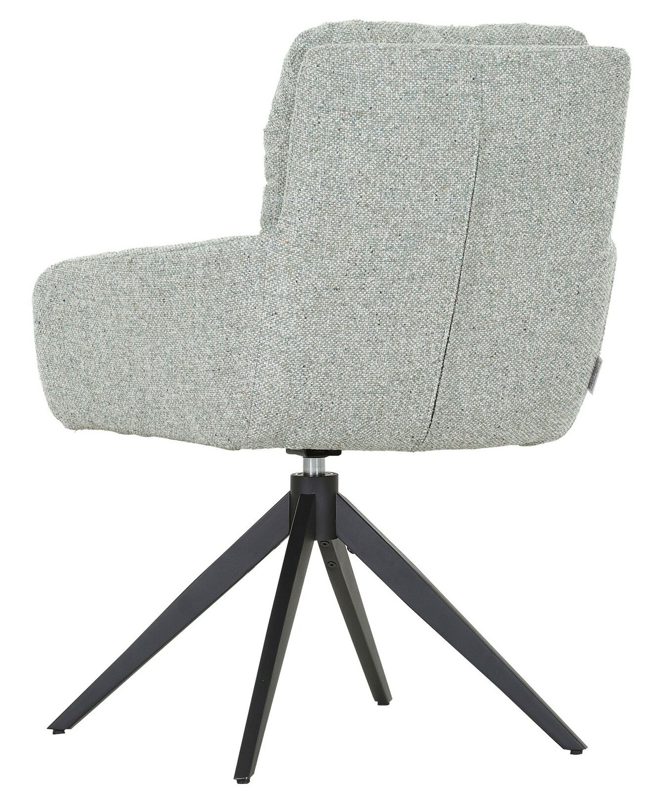 Seitenansicht eines grauen Armlehnstuhls mit schwarzem Metallgestell und drehbarem Sitz.
