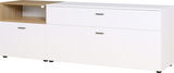 Modernes Lowboard in Weiß mit Holzdetails, Frontansicht